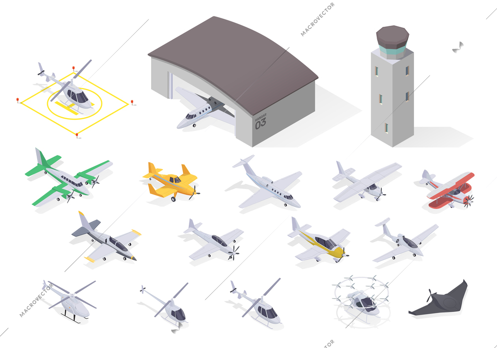 Isometric set of 3d small air transport hangar and helicopter pad isolated on white background vector illustration