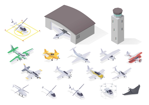 Isometric set of 3d small air transport hangar and helicopter pad isolated on white background vector illustration