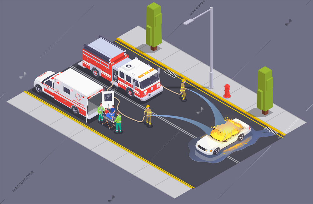 Emergency service isometric composition with fire fighters crew on street putting blaze out of burning car vector illustration