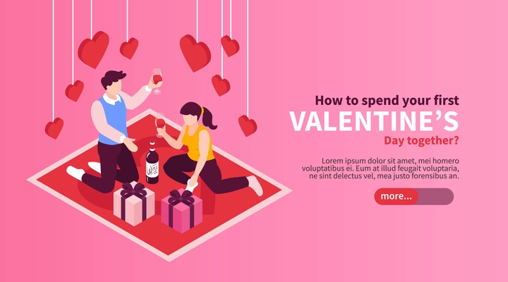 Valentines day celebration gifts your first romantic holidays ideas isometric horizontal web banner landing page vector illustration