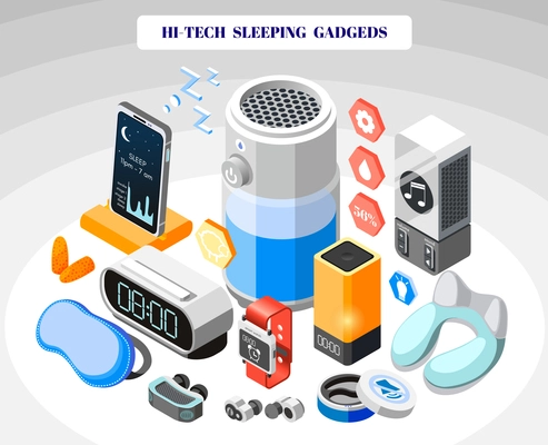 Hi-tech sleeping isometric colored composition with technical and innovate tools for sleep vector illustration