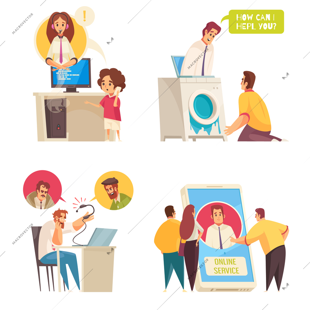 Customer support call center online service concept 4 flat compositions with real time technical solutions vector illustrations