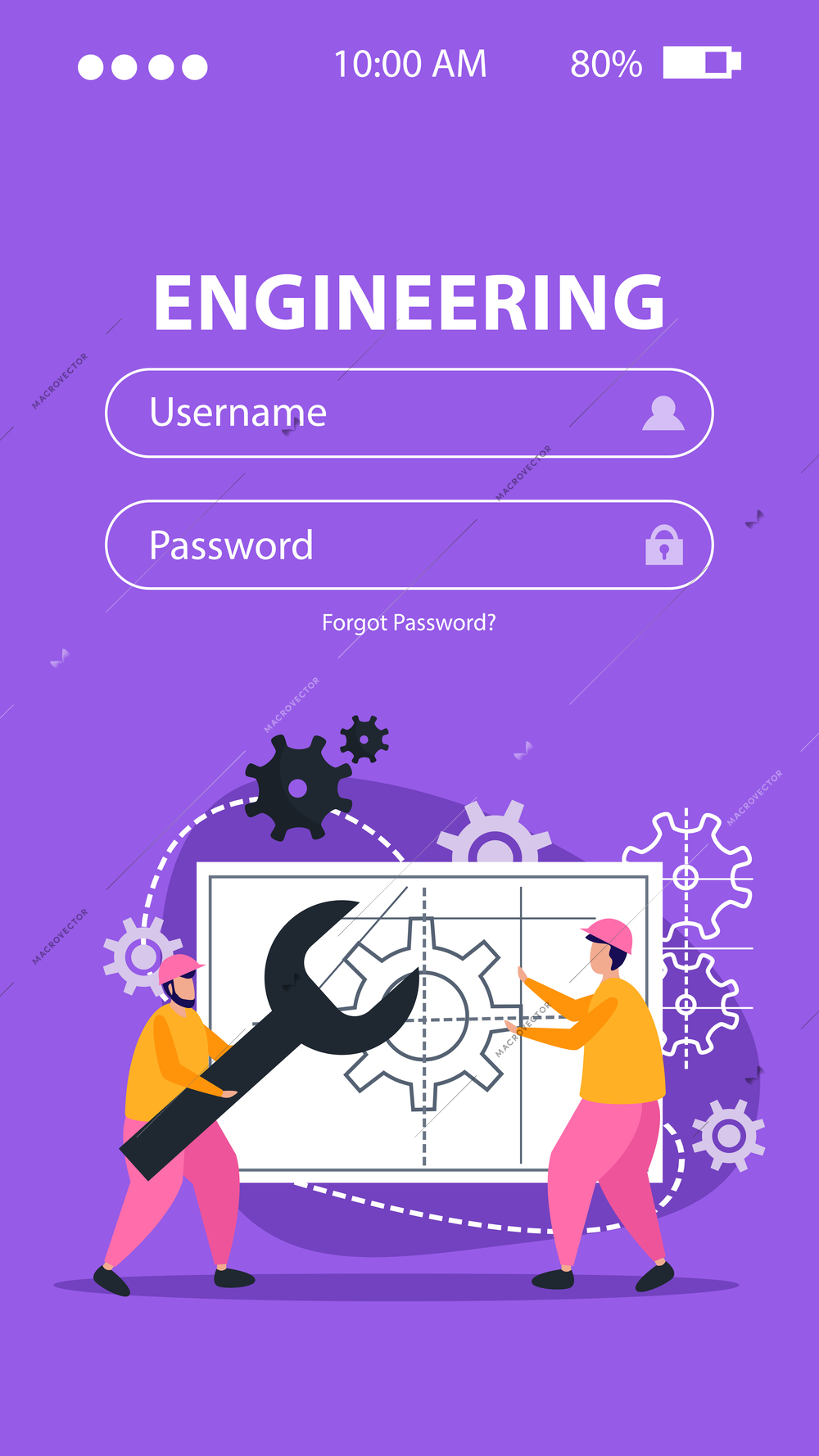 Engineering occupation mobile application with username and password flat vector illustration