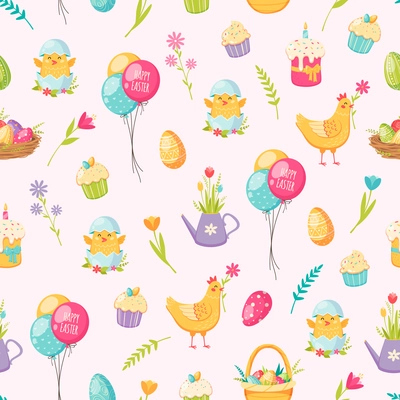 Easter cartoon seamless pattern with cake balloons and eggs vector illustration
