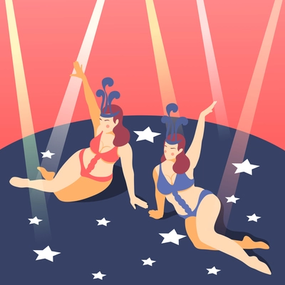 Plus size nightclub dancers performing in sexy bikini outfits under spotlights colorful isometric background composition vector illustration