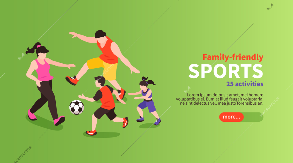 Family fitness isometric poster with footbal sports activity vector illustration