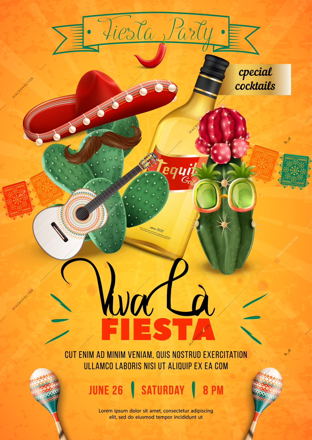 Fiesta party vertical poster with holiday date advertising of special cocktails and humorous cartoon cactus characters decorated with sombrero guitar and mustache vector illustration