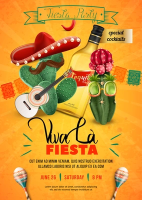 Fiesta party vertical poster with holiday date advertising of special cocktails and humorous cartoon cactus characters decorated with sombrero guitar and mustache vector illustration