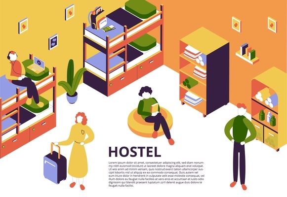 Hostel room interior and resting people 3d isometric vector illustration