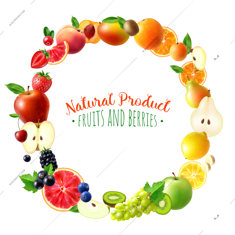 Realistic round rainbow frame with different fruits and berries orange apple grapefruit blackberry pear cherry lemon vector illustration