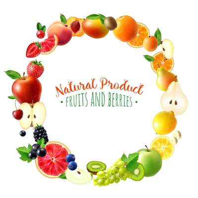 Realistic round rainbow frame with different fruits and berries orange apple grapefruit blackberry pear cherry lemon vector illustration