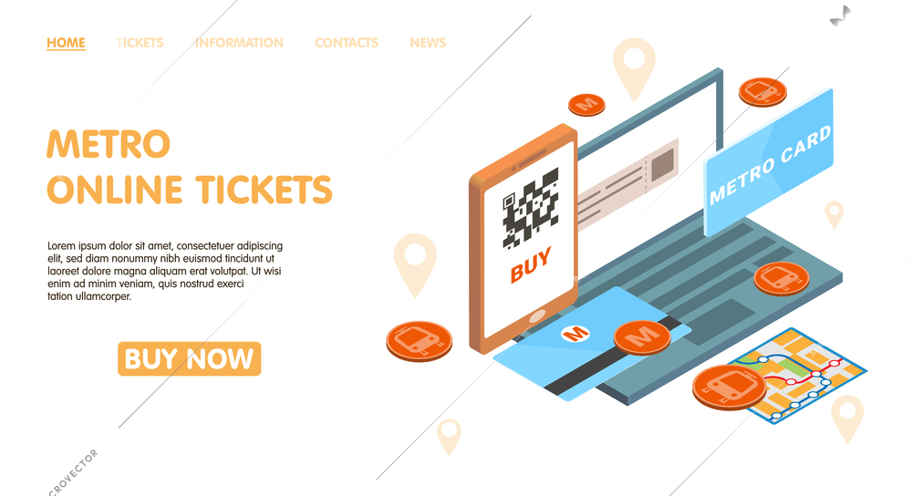 Metro online tickets page design with metro card symbols isometric vector illustration