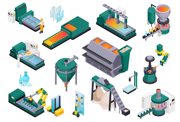 Glass production isometric composition with isolated images of glassworks industrial facilities and machinery on blank background vector illustration