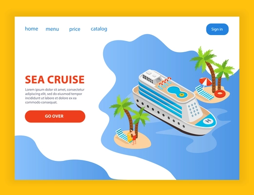 Sea cruise isometric landing page with map of sea coast price and catalog headings vector illustration