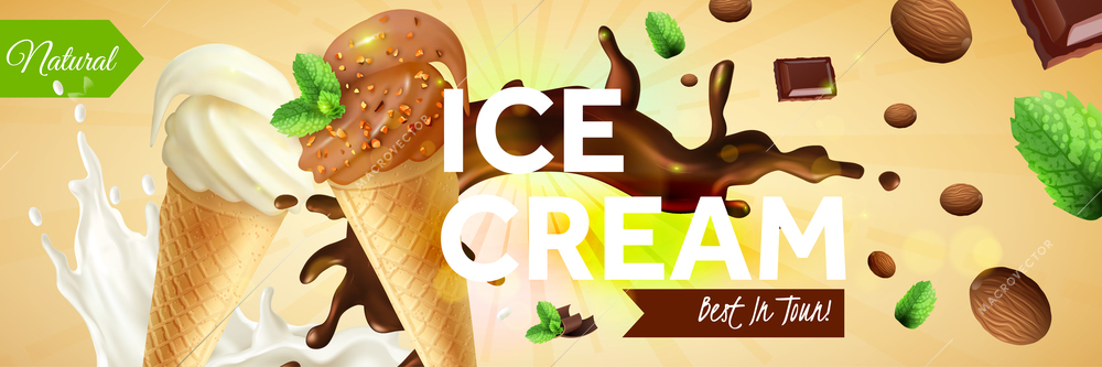 Ice cream horizontal ads poster with waffle cones of different taste on scattered pieces of chocolate and nuts background vector illustration