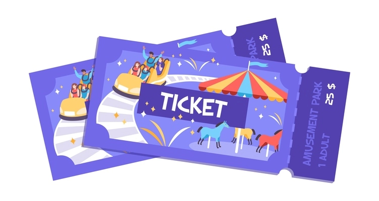 Ticket park amusement flat composition with entry tickets for fun fair park with images and text vector illustration