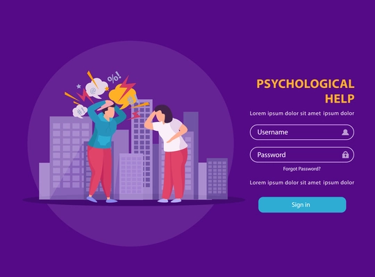Psychological help flat landing page for people suffering from stress psychosis and other mental disorders vector illustration