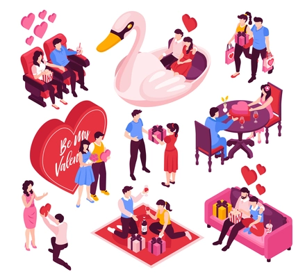 Dating couples celebrating valentines day isometric set with exchanging gifts dining together red hearts isolated vector illustration