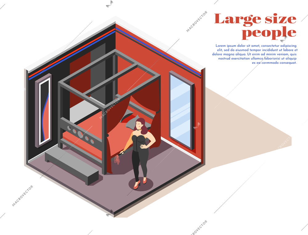 Large size people isometric composition plump woman in sexy suit and whip vector illustration