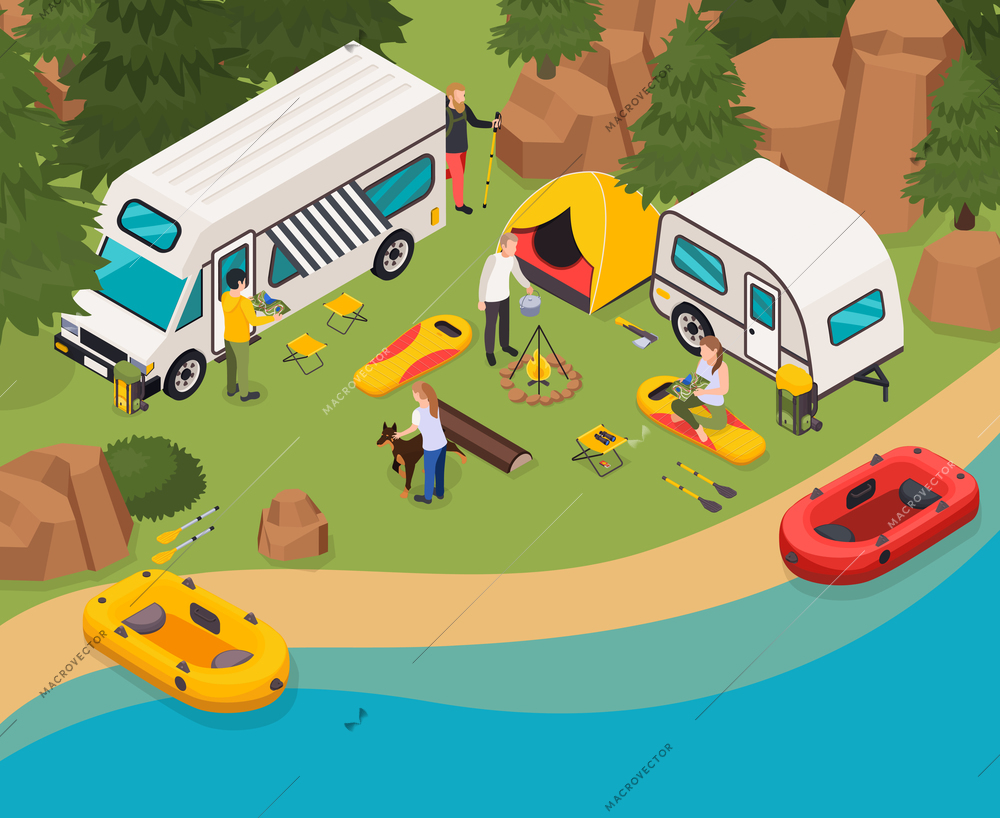 Hiking tourists camping holidays isometric composition with camper tent campfire cooking campingsite near river boats vector illustration