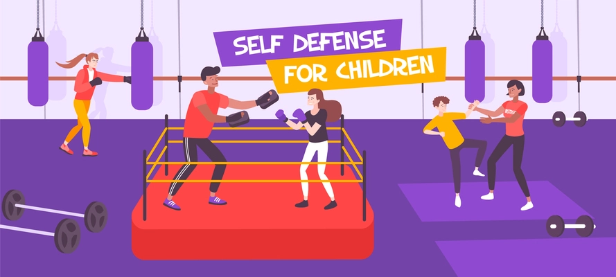 Self defense kid flat composition with text and indoor view of boxing sport section for children vector illustration