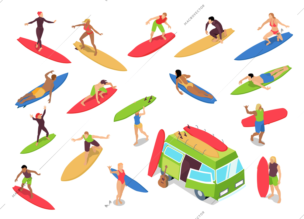 Surfing isometric icons set with woman riders drop knee techniques beginners camper bus surfboards isolated vector illustration