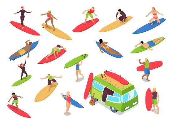 Surfing isometric icons set with woman riders drop knee techniques beginners camper bus surfboards isolated vector illustration