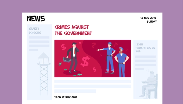 Political crime web page with news columns editable text and image of criminal with stolen money vector illustration