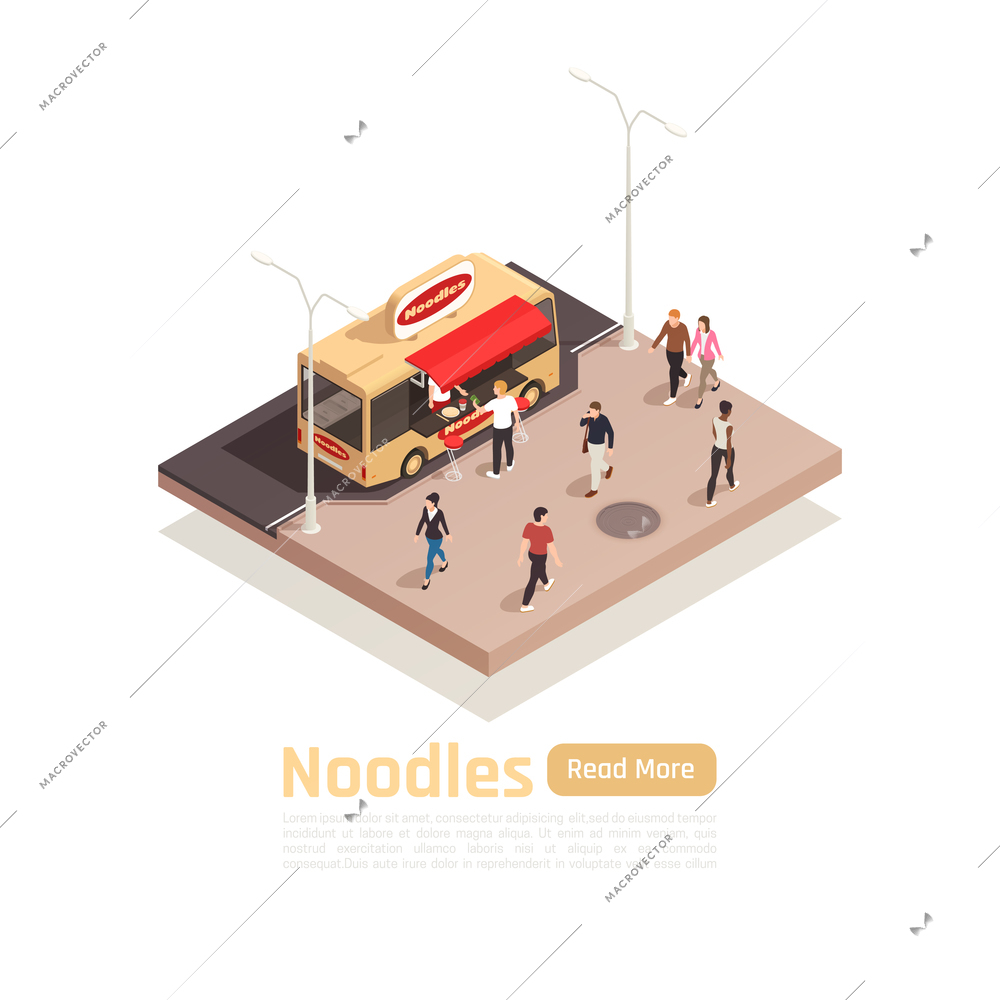 Isometric street carts trucks composition with noodles food truck and read more button vector illustration