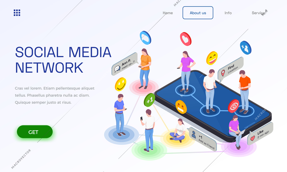 Social network isometric web site landing page design with human characters emoji pictograms and clickable links vector illustration