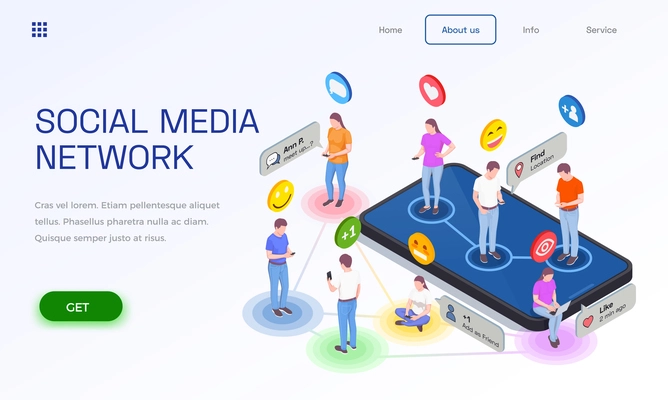 Social network isometric web site landing page design with human characters emoji pictograms and clickable links vector illustration