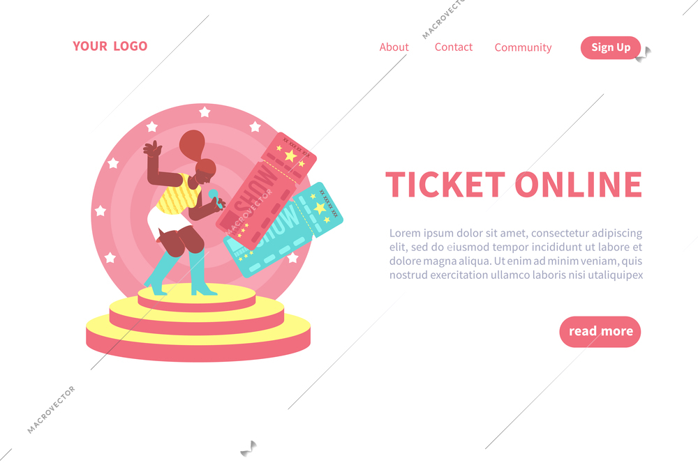 Concert online ticket flat background for website landing page with female singer and clickable links buttons vector illustration