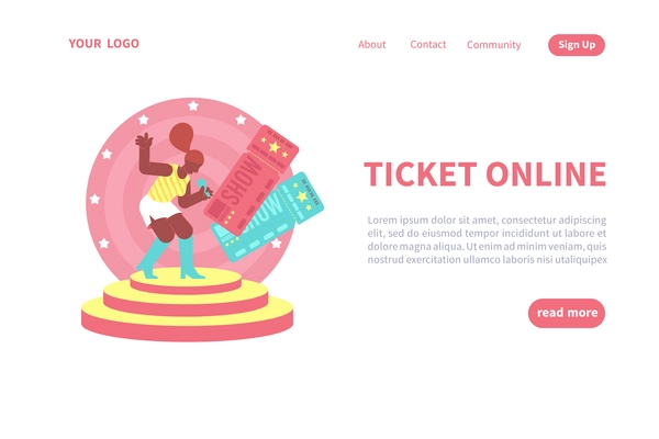 Concert online ticket flat background for website landing page with female singer and clickable links buttons vector illustration