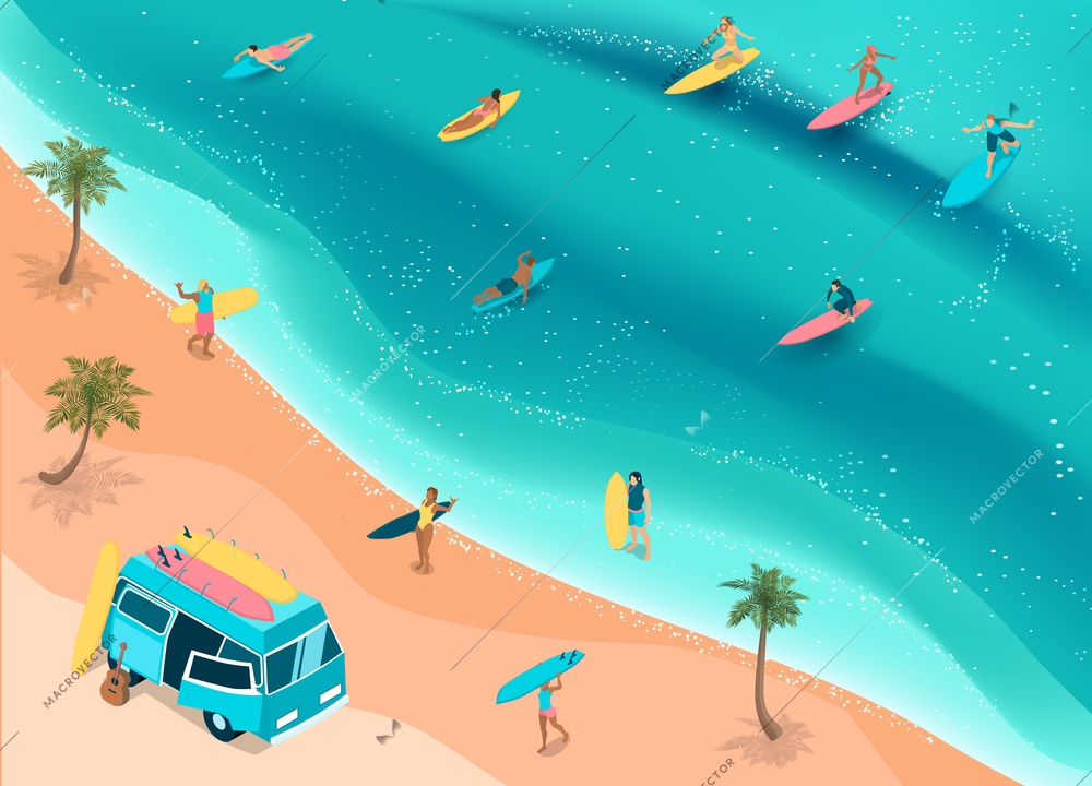 Popular surfing tropical beach with camper bus for surfboards palms riders ocean waves isometric composition vector illustration