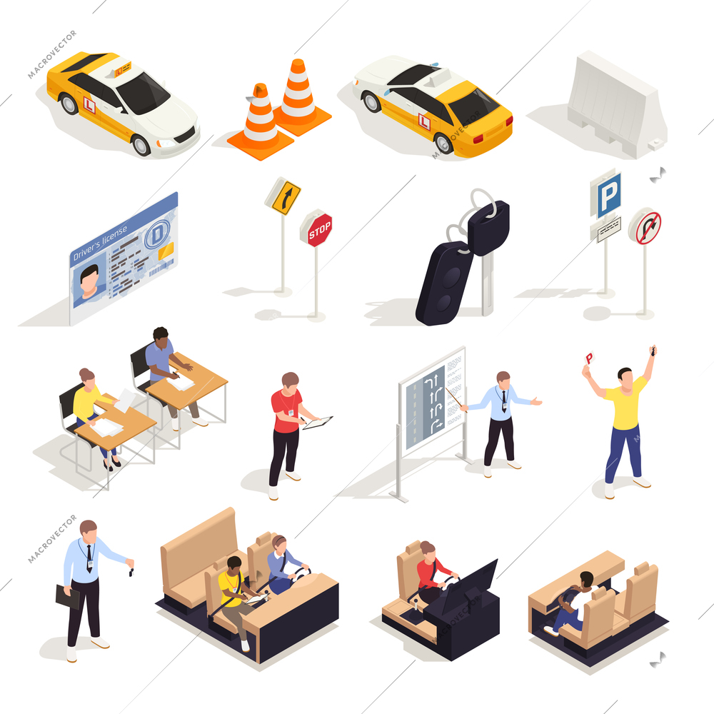 Driving school isometric set with isolated icons of traffic signs characters of students desks and cars vector illustration