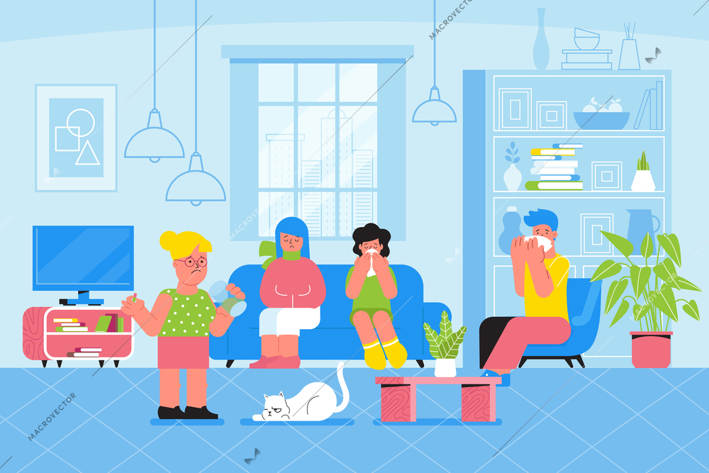 Ill family flat composition with indoor interior of private apartment and doodle characters of family members bector illustration