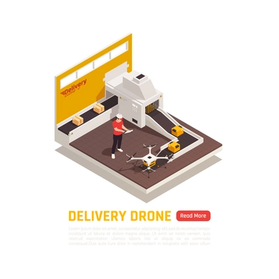Drones quadrocopters isometric background with automated conveyor of parcel boxes human character and quadcopter with text vector illustration