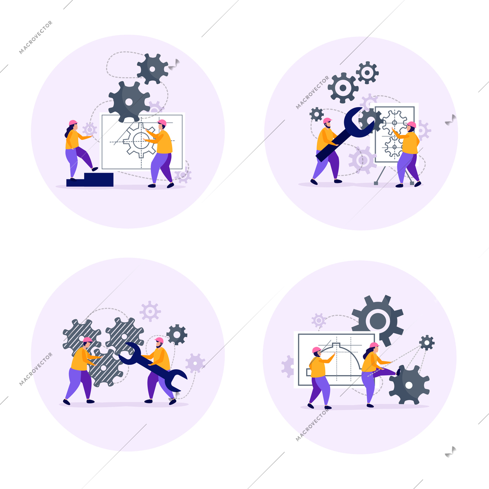 Engineering concept icons set with project planning symbols flat isolated vector illustration