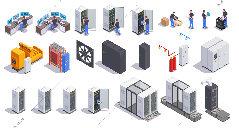 Datacenter communication equipment collection of isolated isometric icons with server racks cooling system workstations and people vector illustration