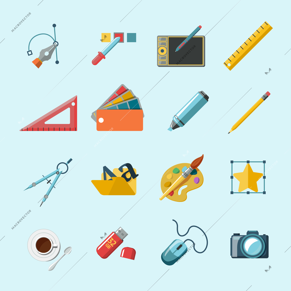 Graphic designer studio tools creative process set isolated vector illustration