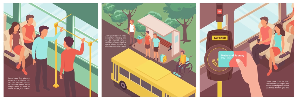 Public transport set with three isolated square compositions of editable text and isometric images human characters vector illustration