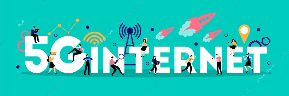 5g internet horizontal background composition with text and small characters of people with flat pictogram symbols vector illustration