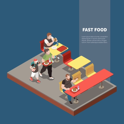 Gluttony isometric concept with fat people at fast food restaurant 3d vector illustration