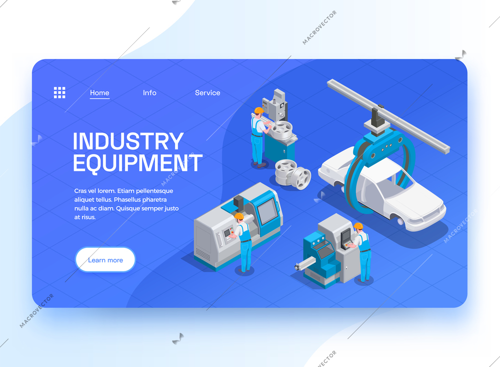 Industrial equipment set isometric background website landing page with clickable links editable text buttons and machinery vector illustration