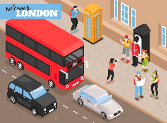 Welcome to london Isometric poster with retro transport and tourists photographed next to royal guard box isometric vector illustration