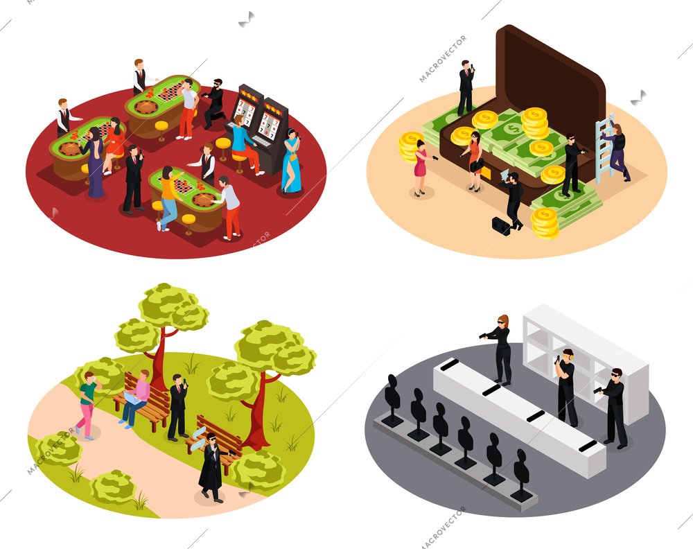 Special agent spy isometric 4x1 collection of isolated round compositions with covert operatives in various environments vector illustration