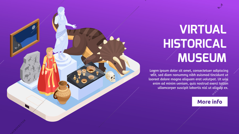 Modern museum isometric banner with smartphone and various exhibit items 3d vector illustration