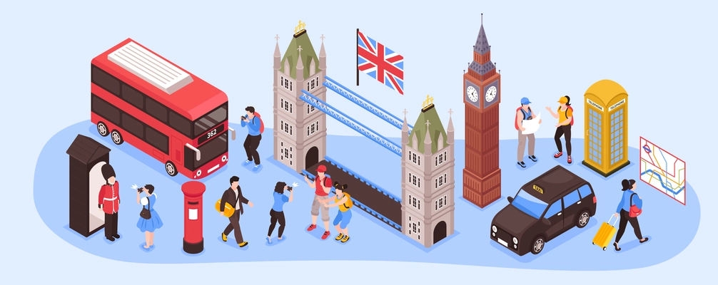 England isometric narrow illustration with capital city landmarks retro transport and national country symbols vector illustration