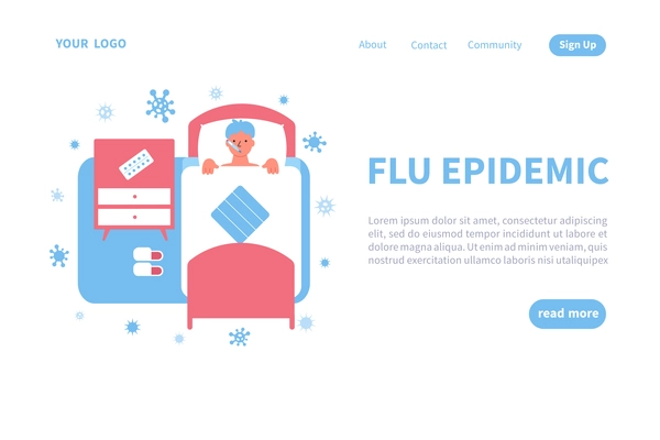 Ill epidemic landing web page with clickable buttons editable links and flat image of sick person vector illustration