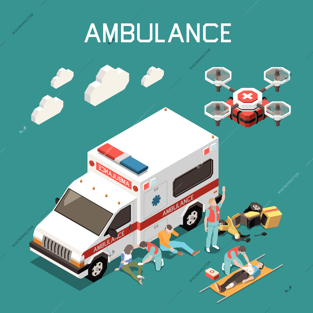 Ambulance car medical drone and doctors giving first aid to injured people 3d isometric vector illustration